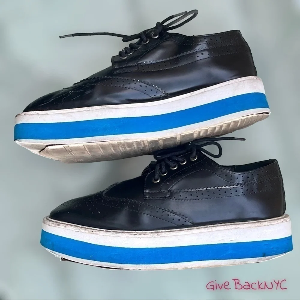 Wingtip Platform Brogues Black White Blue Stripes Size 8